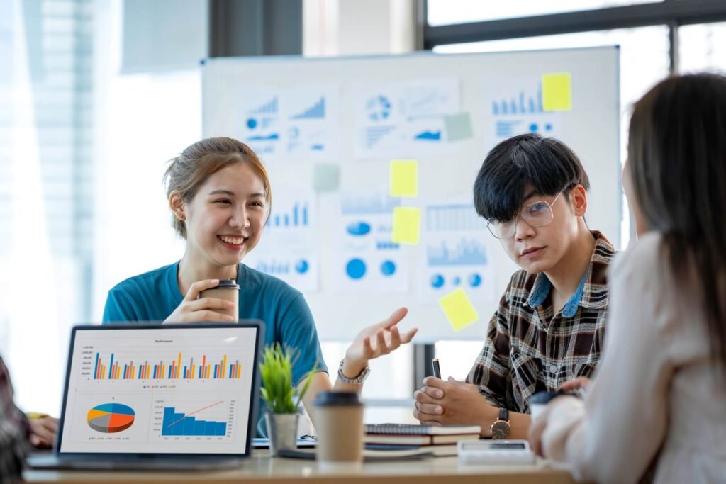Team discussing performance metrics during a strategy session
